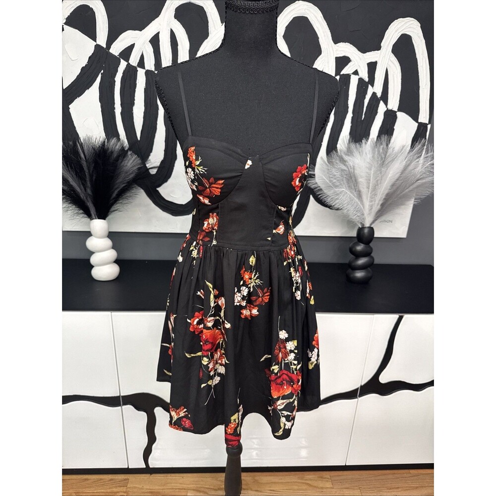 Band of Gypsies Black Floral Bustier Mini Dress Womens Small Fit Flare Boho